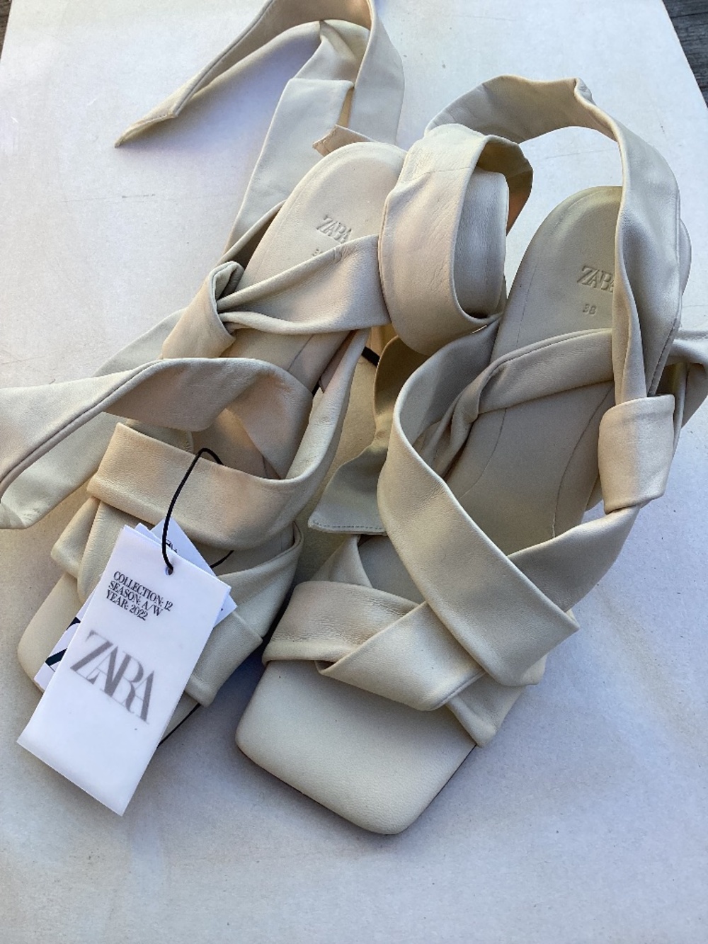 Zara leather lace up heel sandals cream new with tags 7.5 3.5” heel